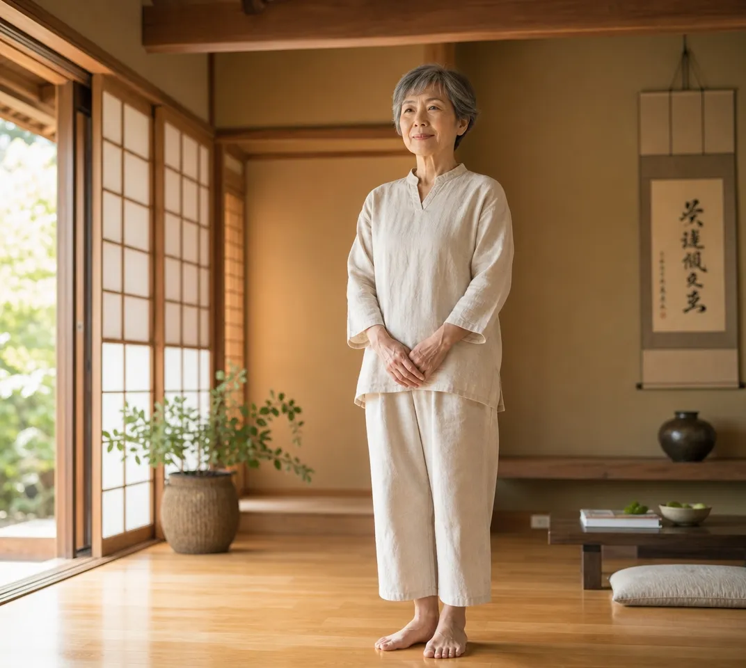 心地よい床に素足で立ち、足裏の重心を意識するセルフケアの様子