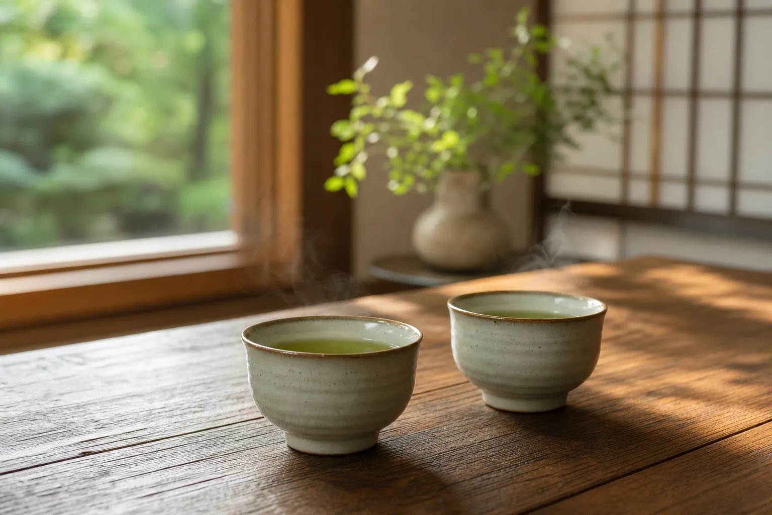 窓辺の柔らかな光が差し込む木製テーブルの上に並ぶ、温かいお茶が入った二つの湯呑み