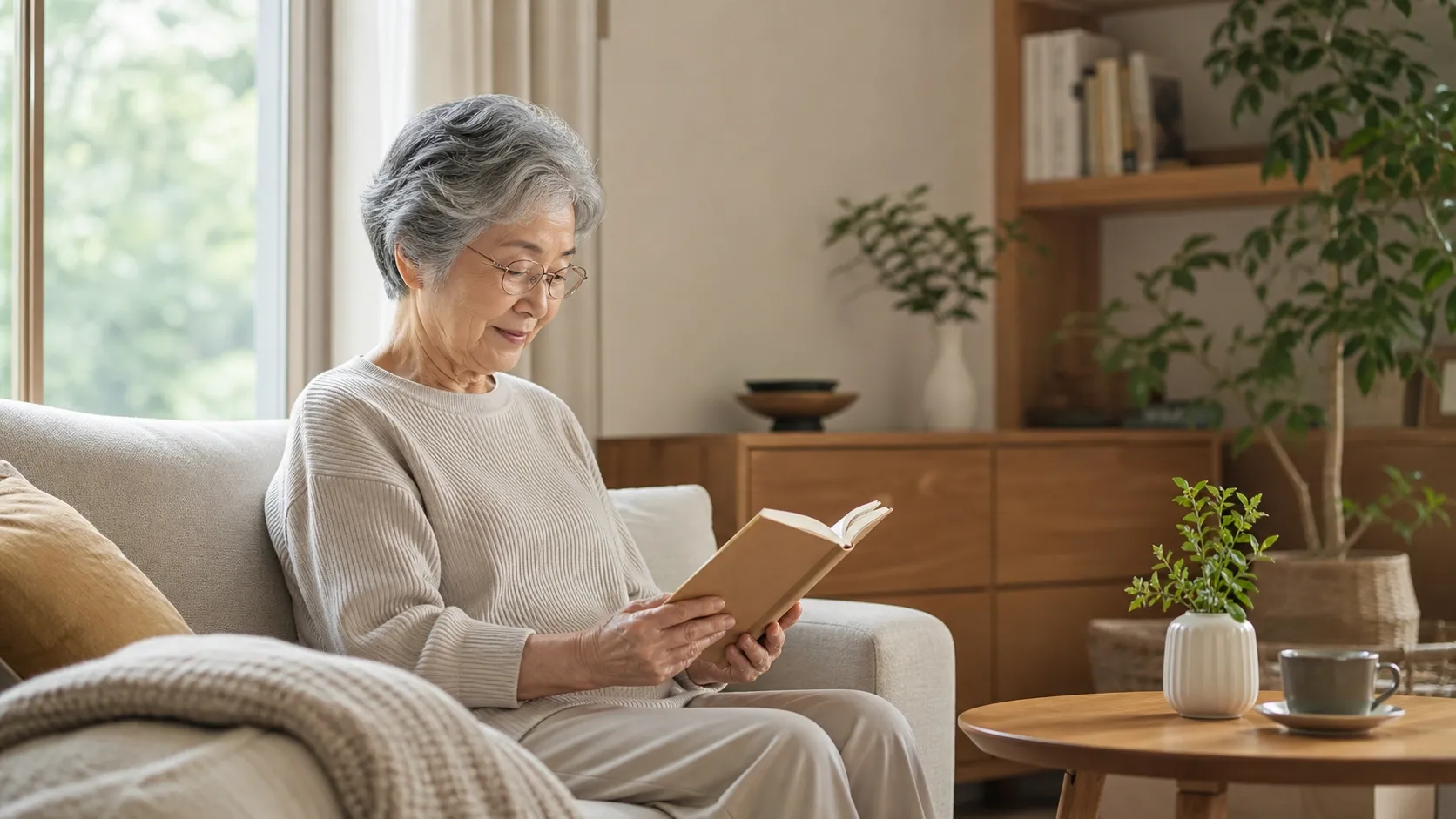 窓辺で本を読みながら穏やかに過ごすシニアの姿。一人暮らしの暮らしを整えるイメージ。