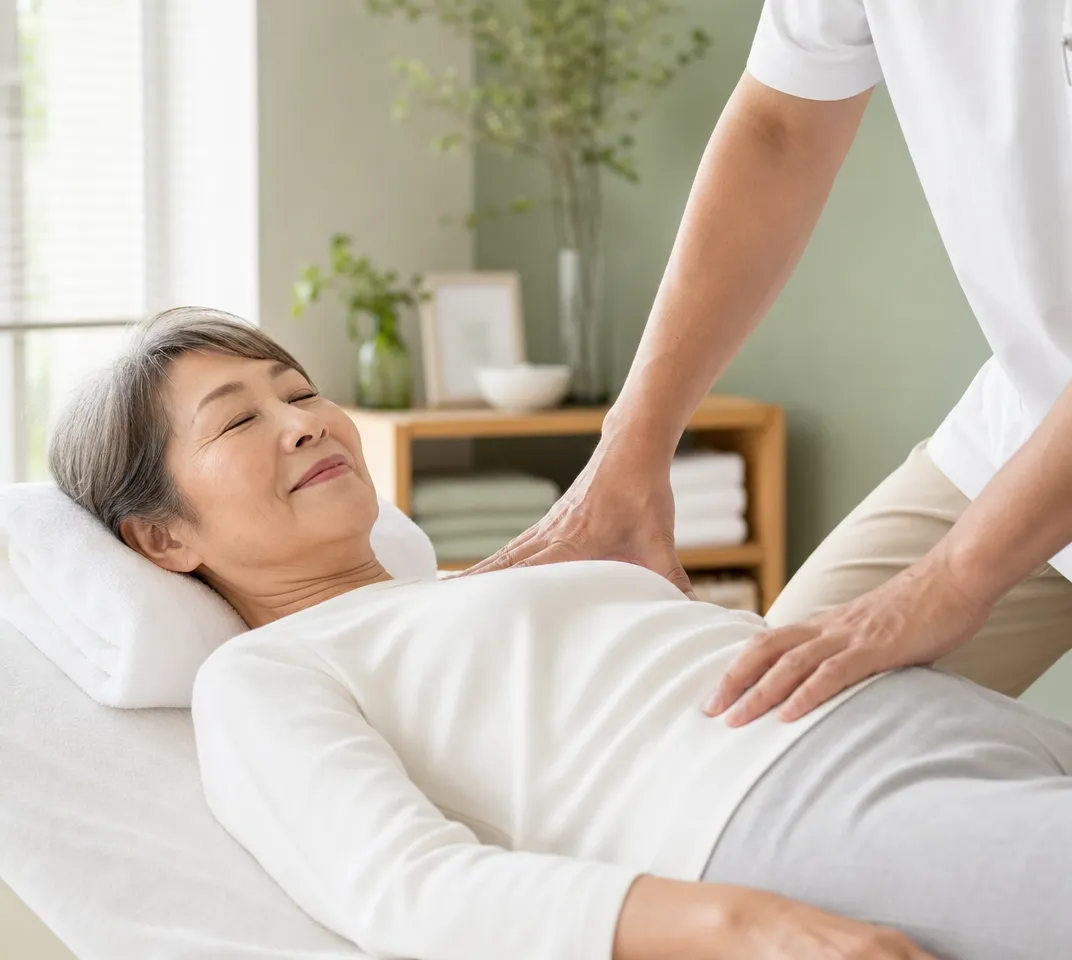 独自の『動態分析』で、骨格と重心の無駄な力を抜く臨床の様子