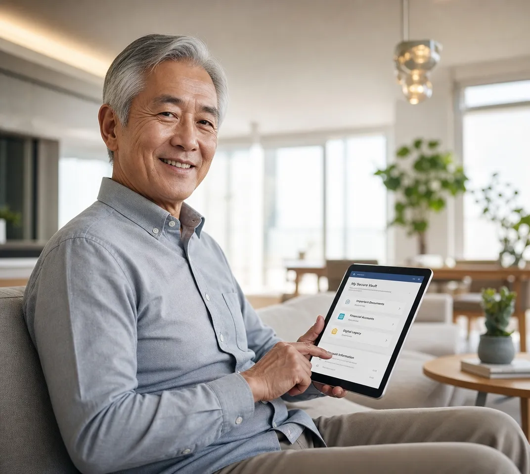 明るい部屋でタブレットをスマートに操作し、安心した表情を浮かべるスタイリッシュなシニア男性の写真