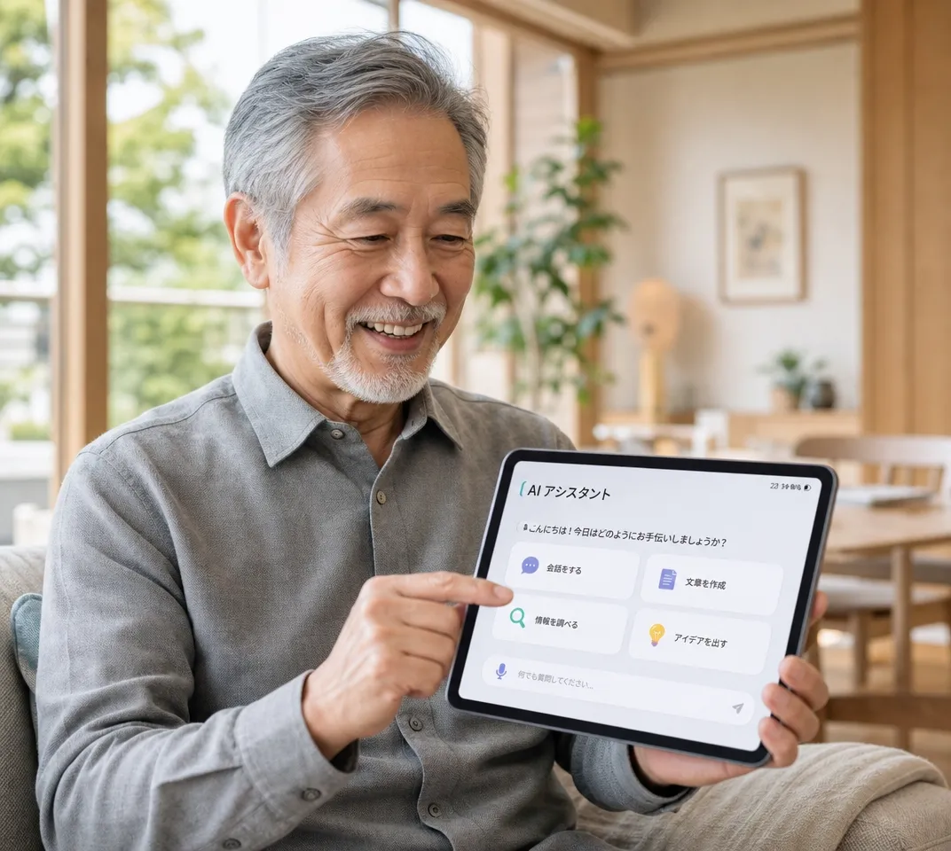 現代の道具(AI)を味方につけ、タブレット上のアシスタントと楽しげに対話する知的なシニアの様子