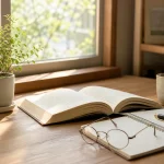 70代からの学び直しをイメージした、朝の光が差し込む窓辺の本とノート