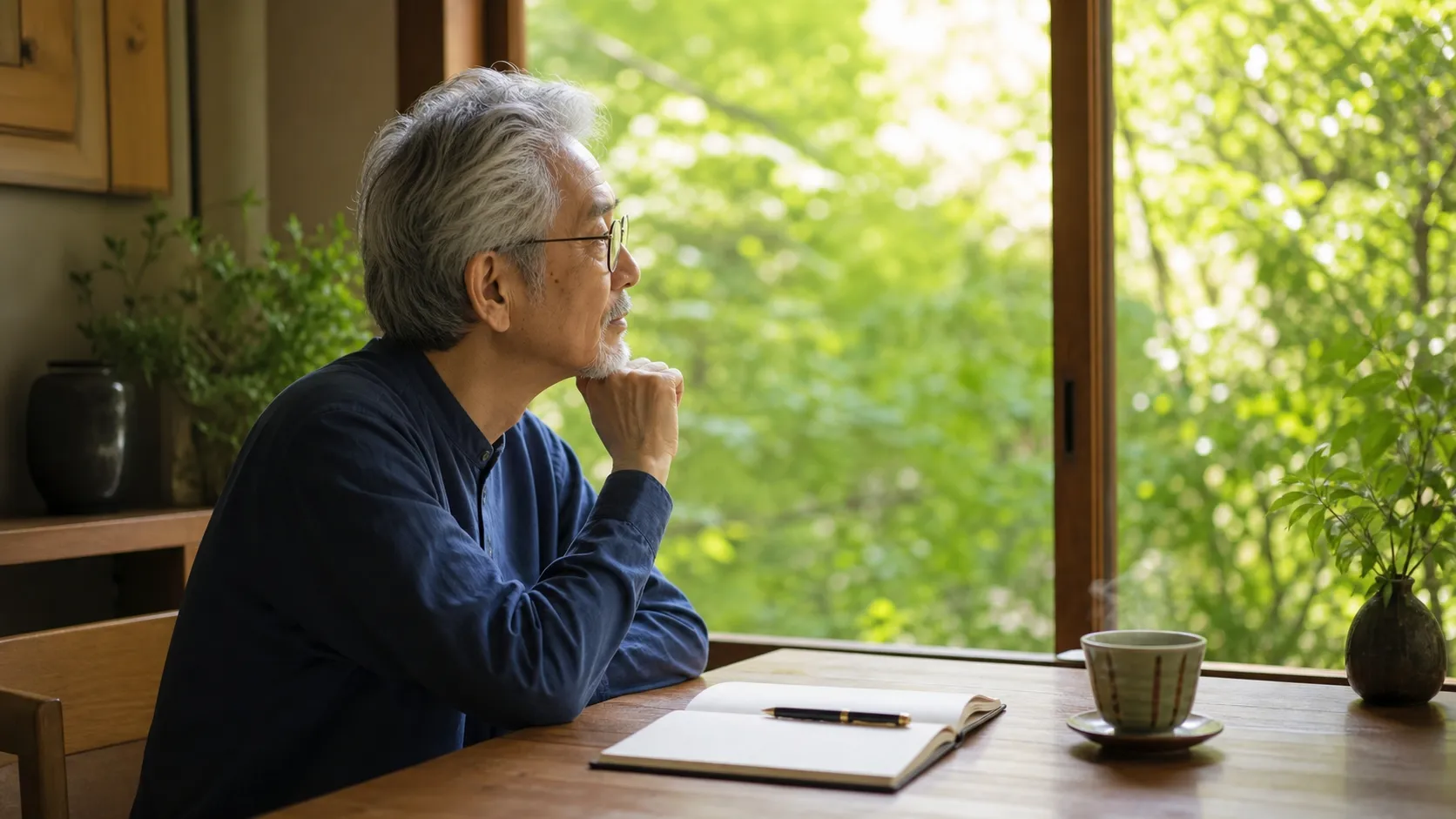 自然光が差し込む明るい窓辺のデスクに置かれた、開いたノートと万年筆、温かいお茶のイメージ