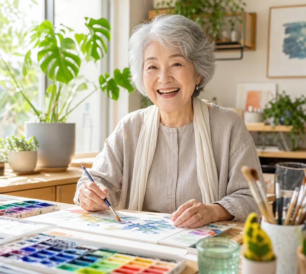 洗練されたスタジオでWatercolor(水彩画)をご機嫌に楽しむ、自分を自由にする創造的な学びを表現した写真