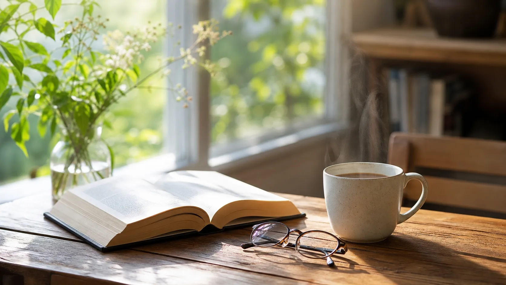 明るい窓辺のテーブルに置かれた読みかけの本と眼鏡、コーヒーカップ