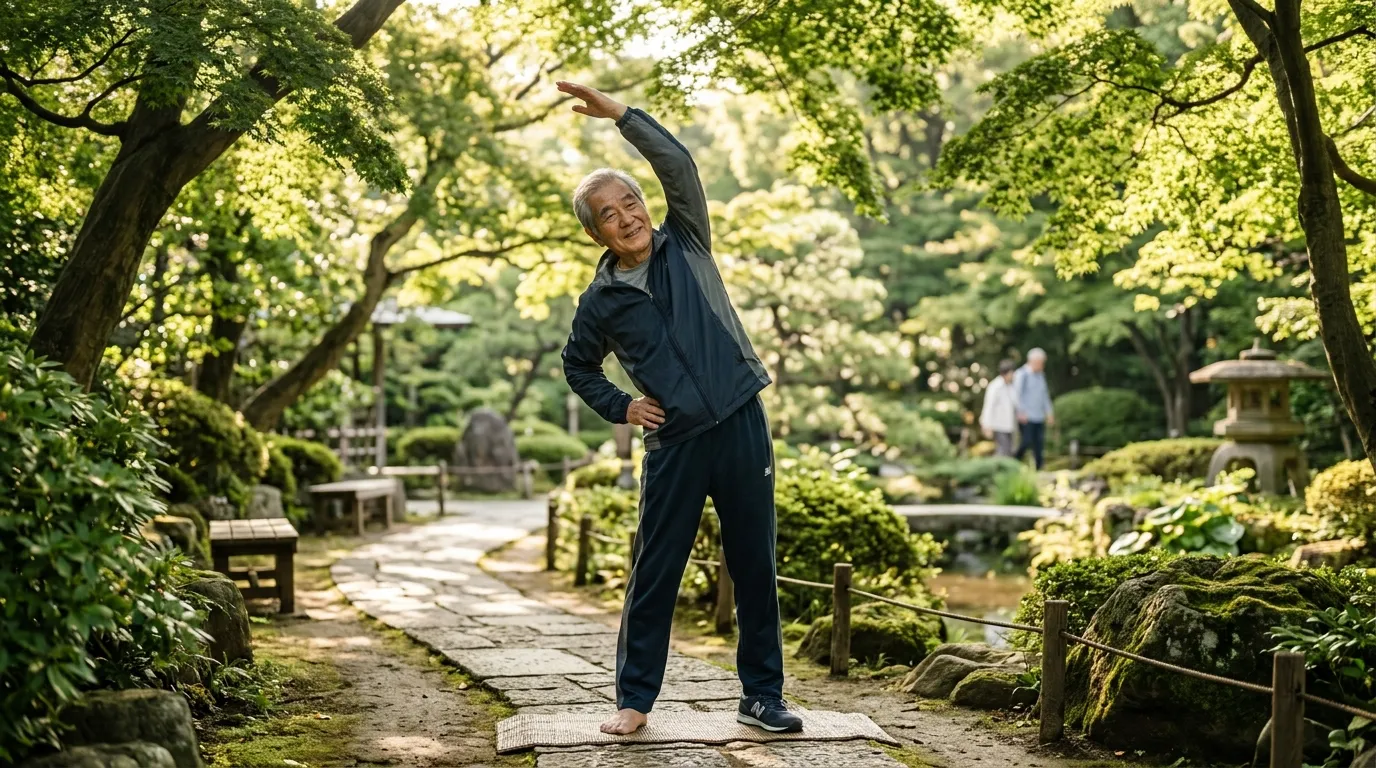 朝の光の中で、自分の体と向き合いながら無理のないストレッチをするシニア男性