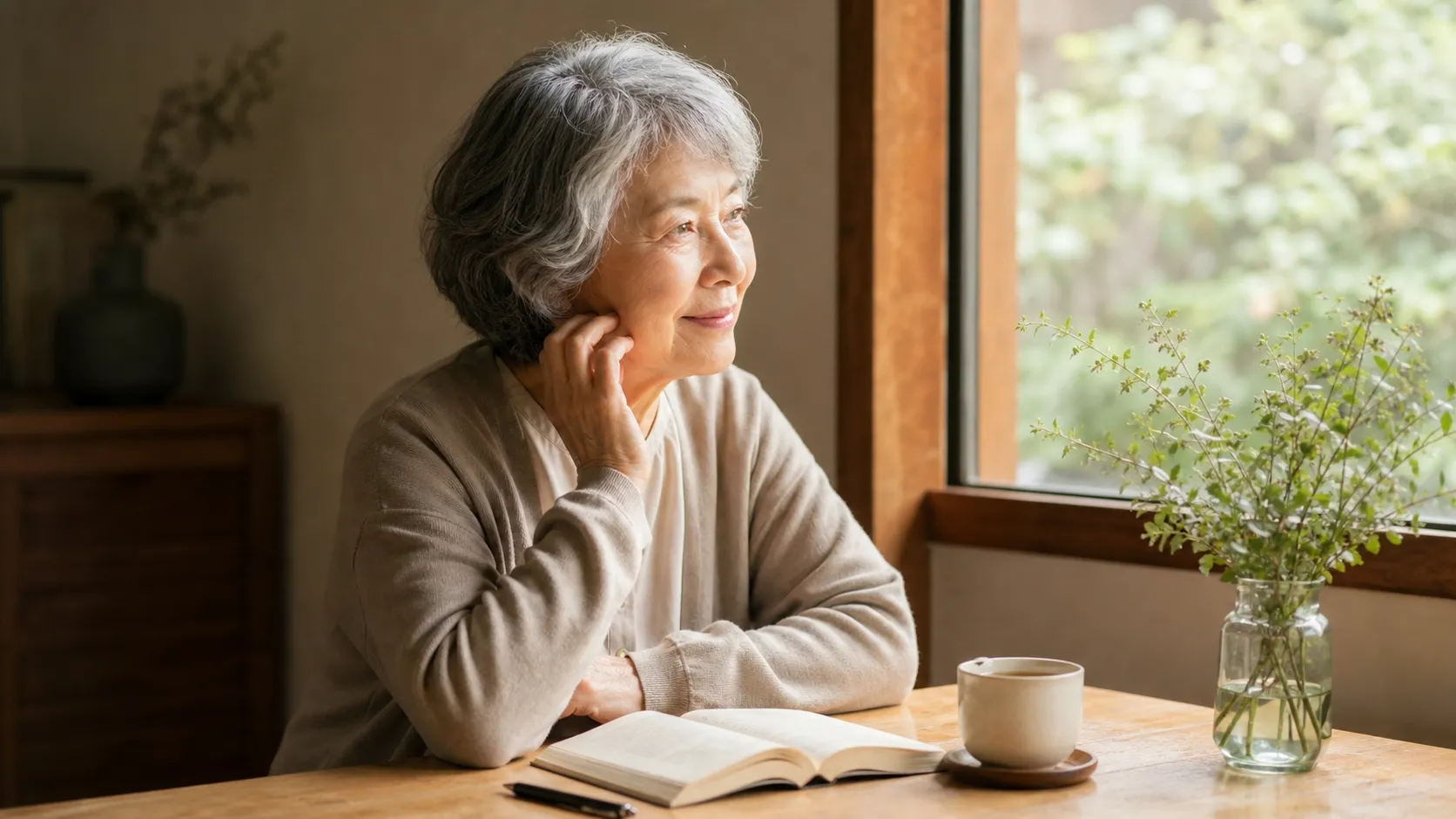 窓辺のテーブルに置かれた本と温かいお茶