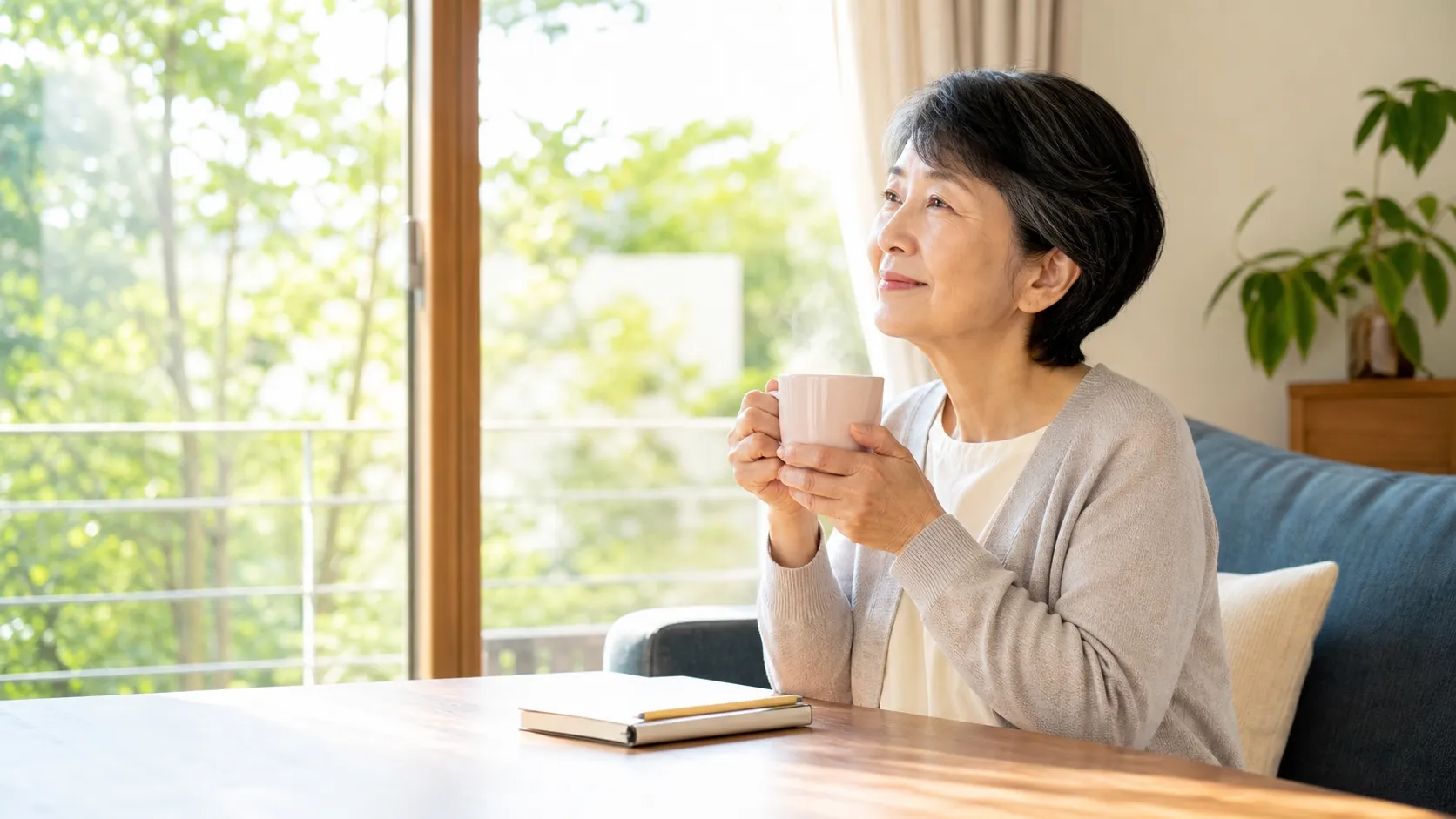 窓辺のテーブルに置かれた温かいお茶とノート