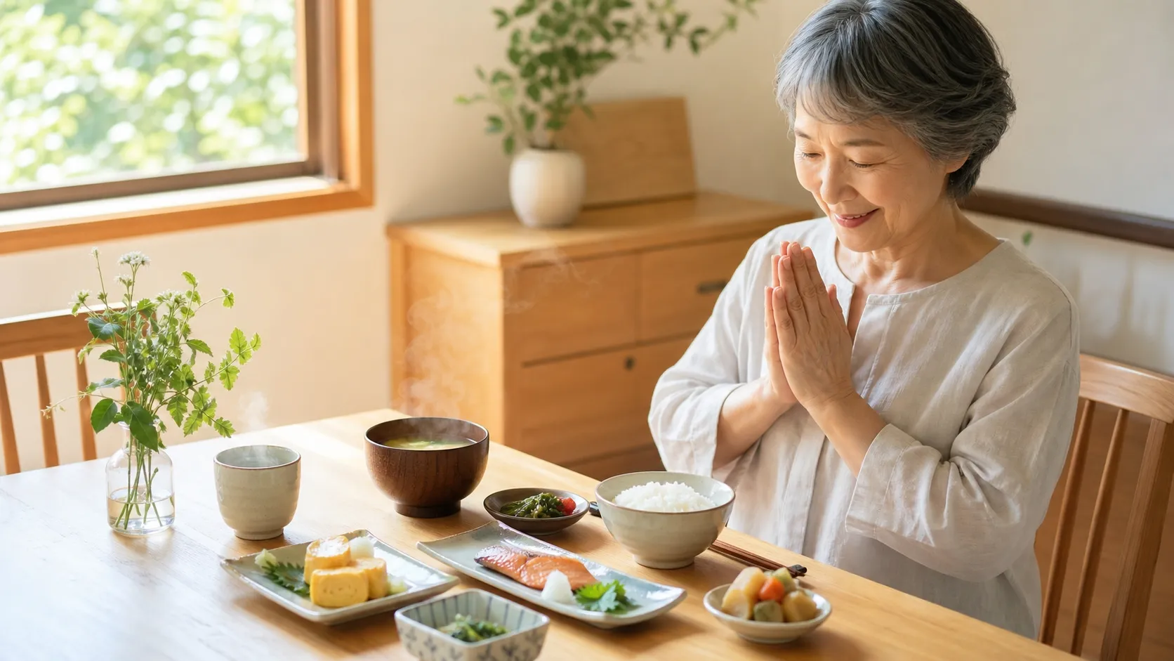 朝の光が差し込む窓辺のテーブルに置かれた、温かい白湯と健康的な和朝食