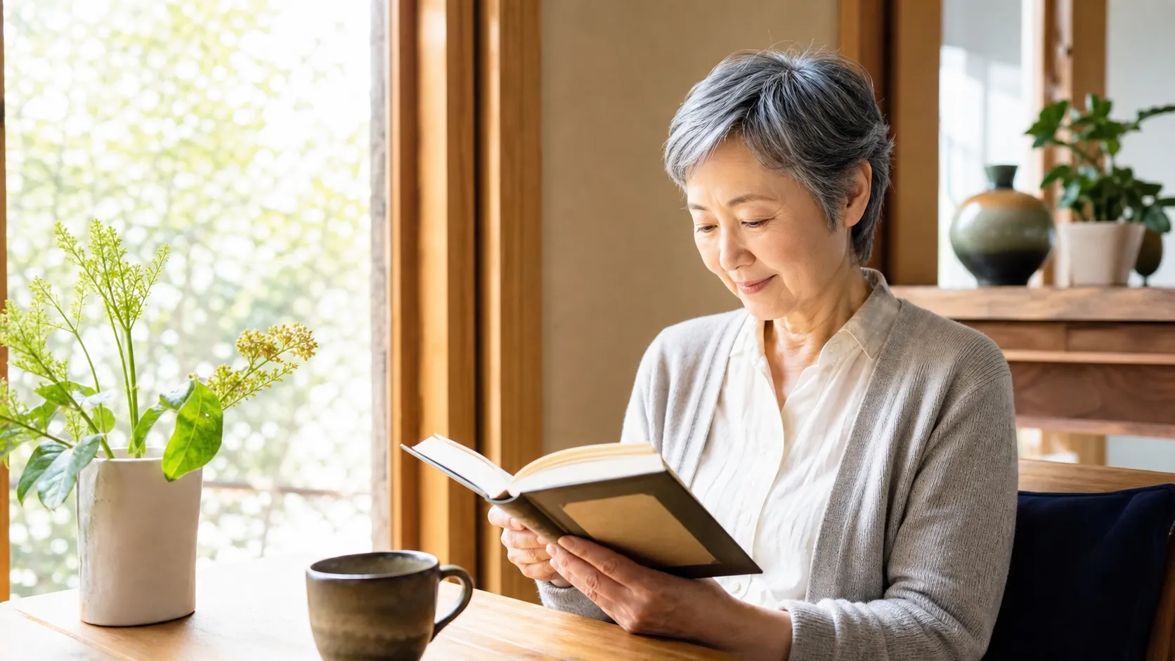 窓辺の明るい光の中で、お茶を飲みながら穏やかに読書や学びを楽しむ時間