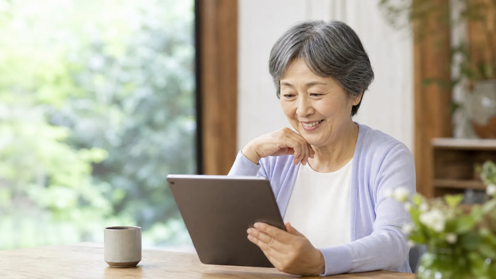 タブレットを見ながら穏やかな表情で新しい学びを楽しむ様子