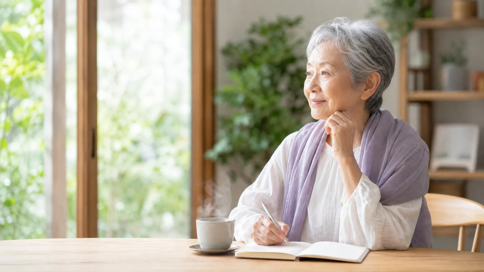 明るい窓辺の机に置かれたノートと温かいお茶