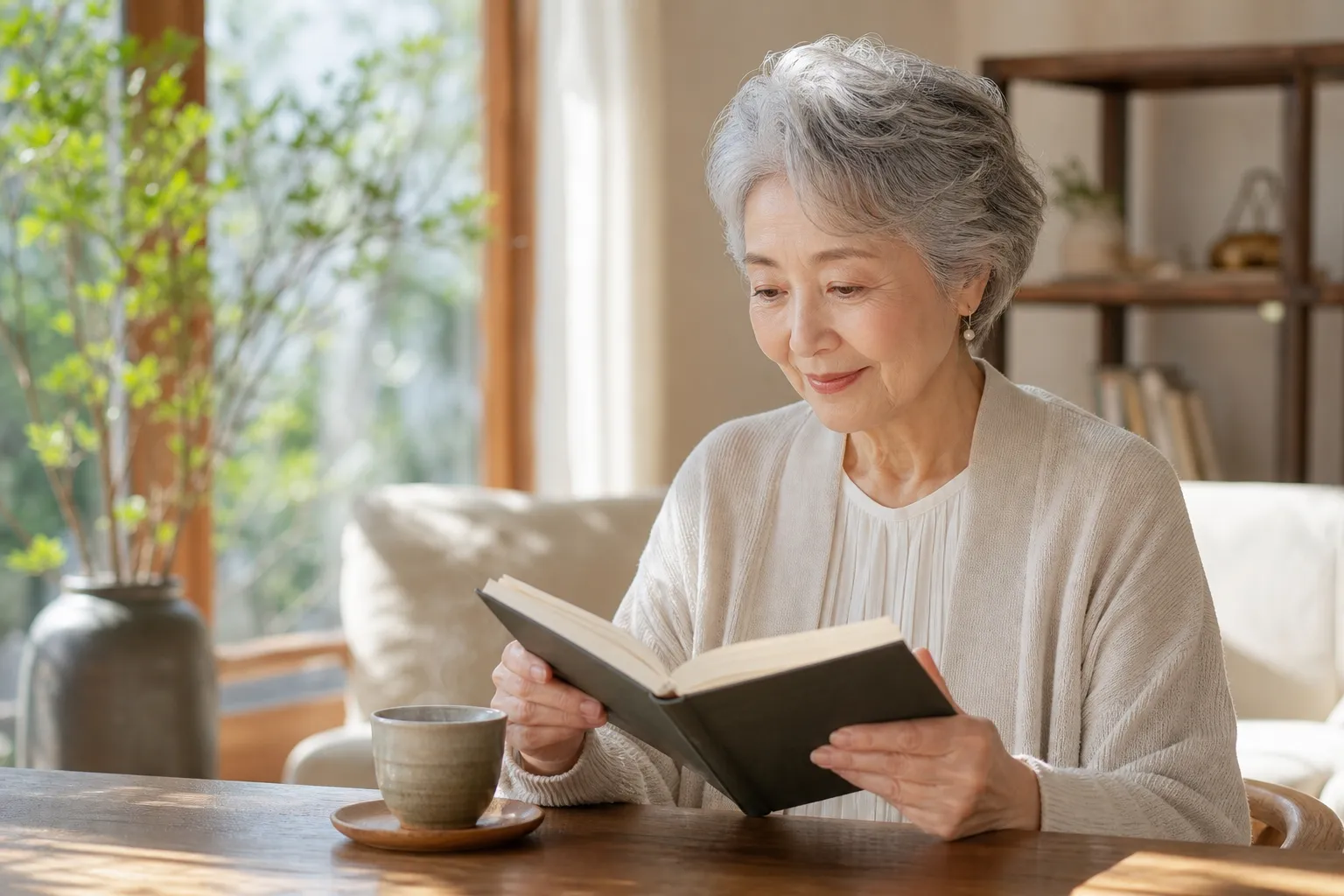 自然光が差し込む窓辺で、穏やかに本を読みながら学びの時間を楽しむシニアの風景