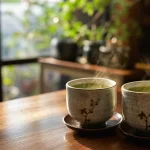 柔らかな光が差し込む木製のテーブルの上に置かれた二つの和風の湯呑みとお茶