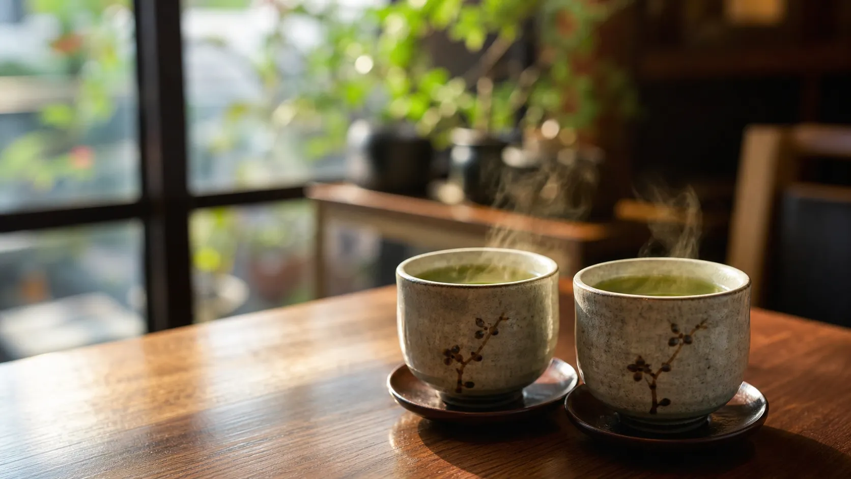 柔らかな光が差し込む木製のテーブルの上に置かれた二つの和風の湯呑みとお茶