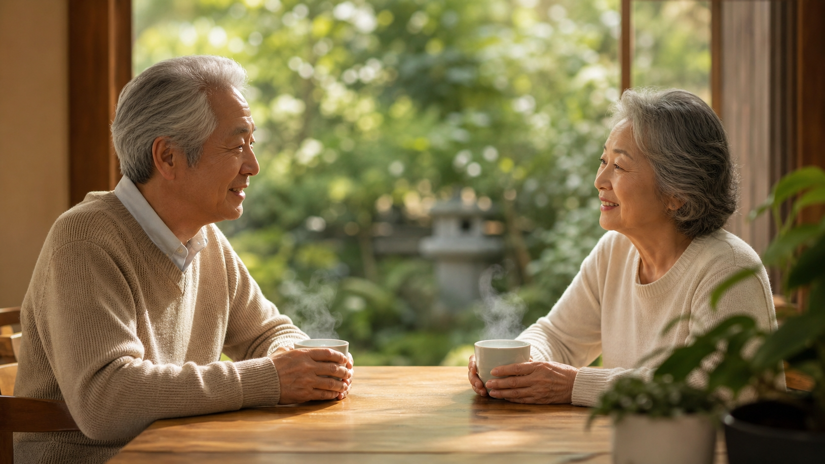 暖かな日差しが差し込む窓辺のテーブルに置かれた2つの温かいお茶