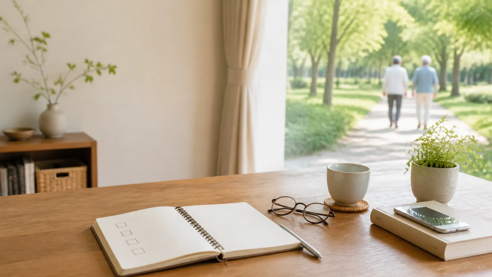 開いたノートにまだ数行だけ書き込まれた机上の風景。頭の中の漠然とした不安を、紙にゆっくり出し始める手が止まっている。