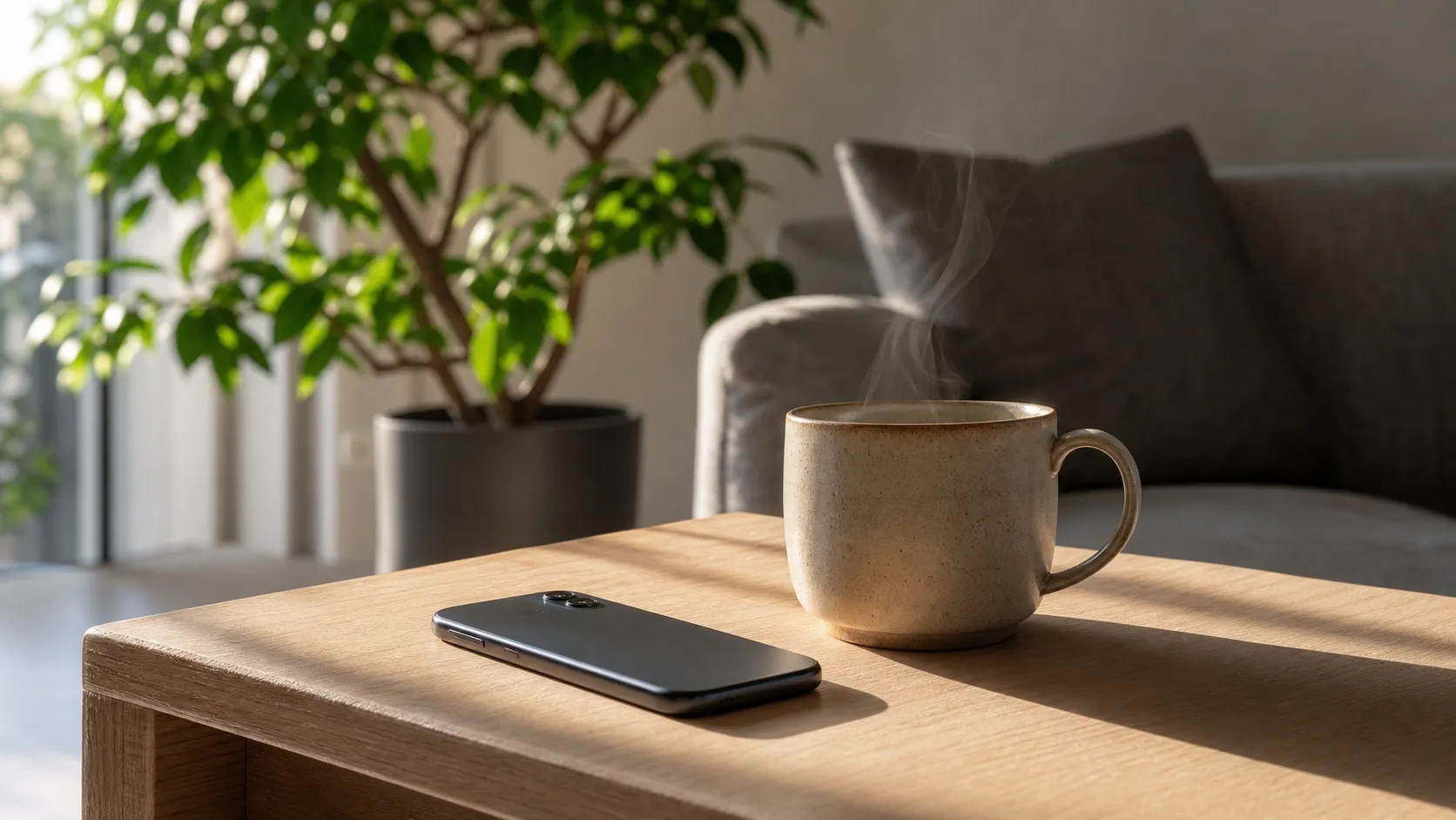 明るいリビングの木製テーブルの上で、画面を伏せて置かれたスマートフォンと、温かいマグカップ