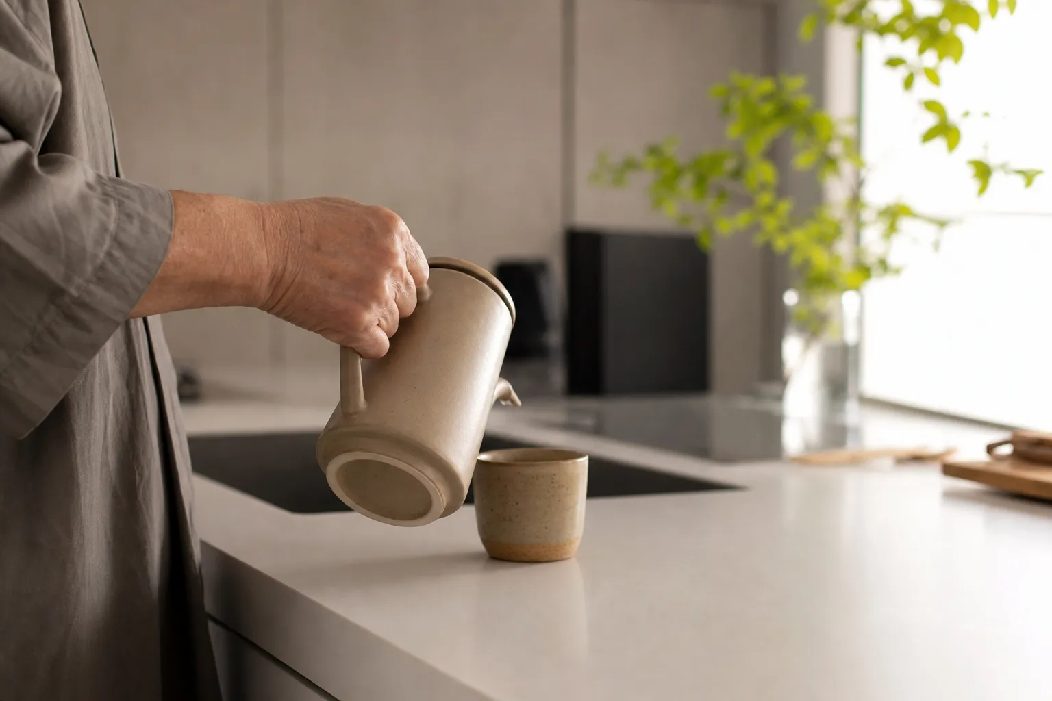 窓辺でコーヒーポットを手に、ふと動きを止めて外を見つめるシニアの日常のひととき。