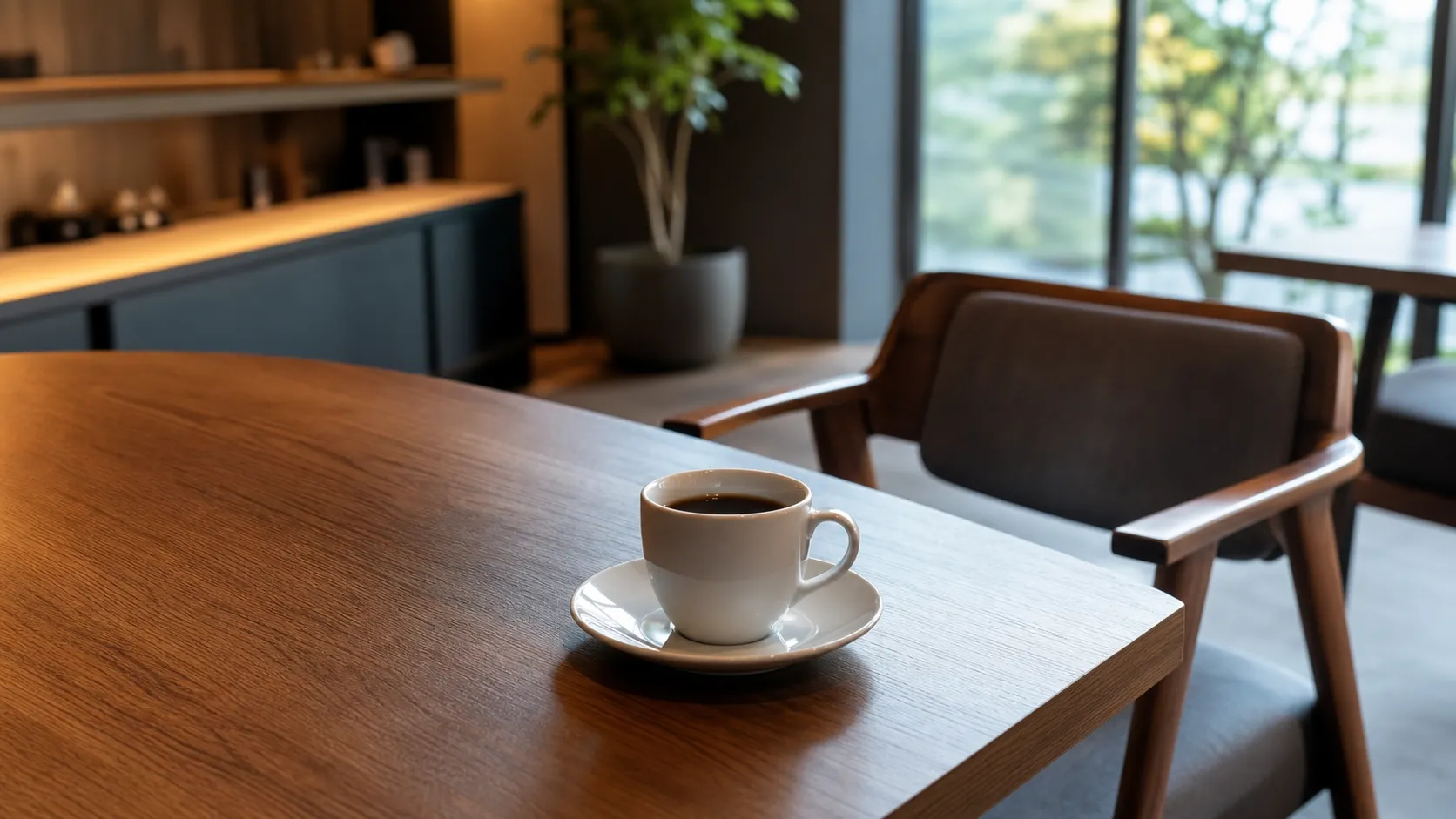 モダンなカフェの木製テーブルに置かれた1杯のコーヒーと、少し引かれた誰もいない向かい側の椅子