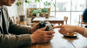 明るい木目のテーブルの上で、カメラを持つシニア男性の手元と、その操作をそっと指し示すもう一人の指先。温かみのある自然光が差し込むモダンなカフェの風景。