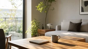 柔らかな朝の光が差し込む現代的なリビングのテーブルと、静かに置かれたノートとマグカップ