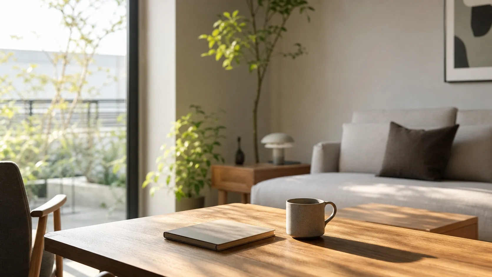柔らかな朝の光が差し込む現代的なリビングのテーブルと、静かに置かれたノートとマグカップ