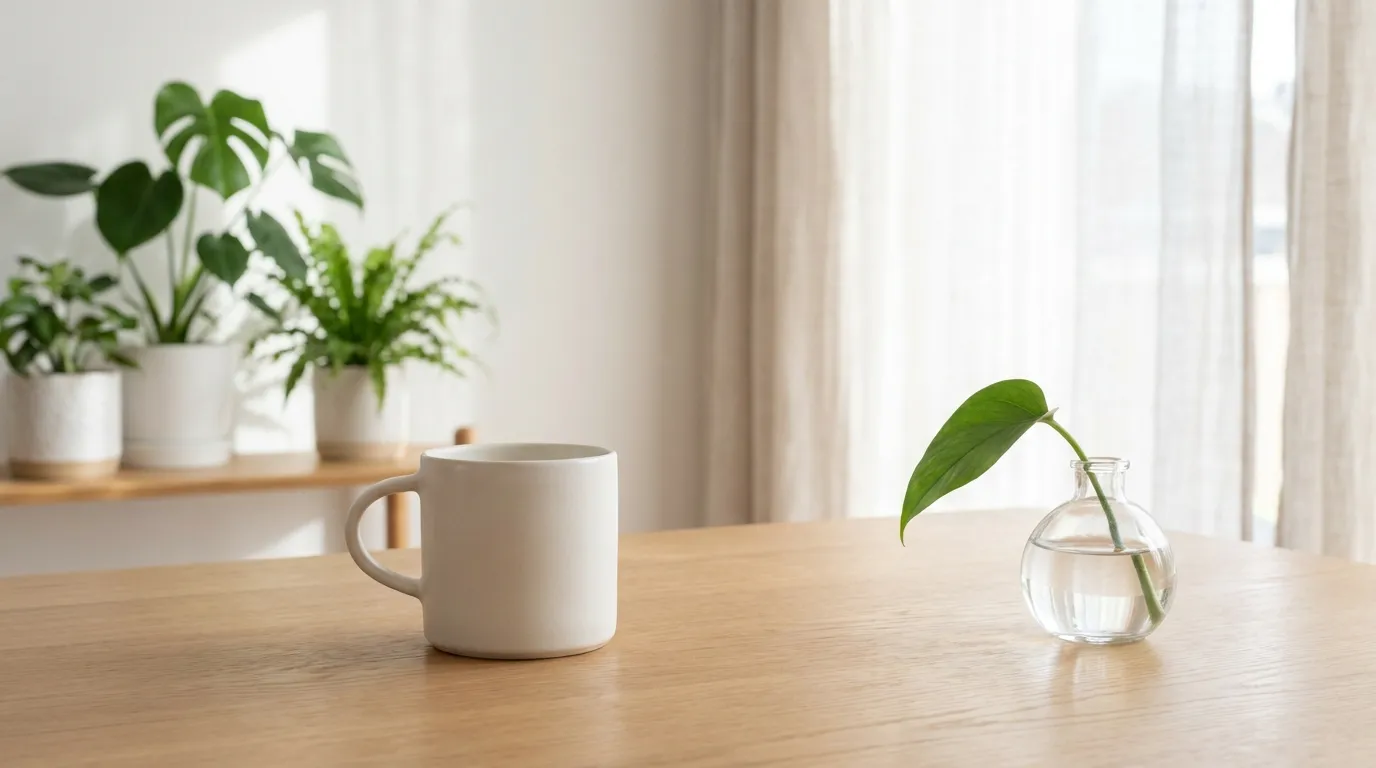 明るい木目のテーブルに置かれた1つの白いマグカップと、少し離れた場所にある一輪挿しの植物