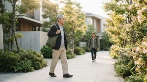 朝の柔らかな光が差し込む緑豊かな遊歩道で、すれ違う手前の絶妙な距離感で歩く日本のシニア男性の自然な日常風景。