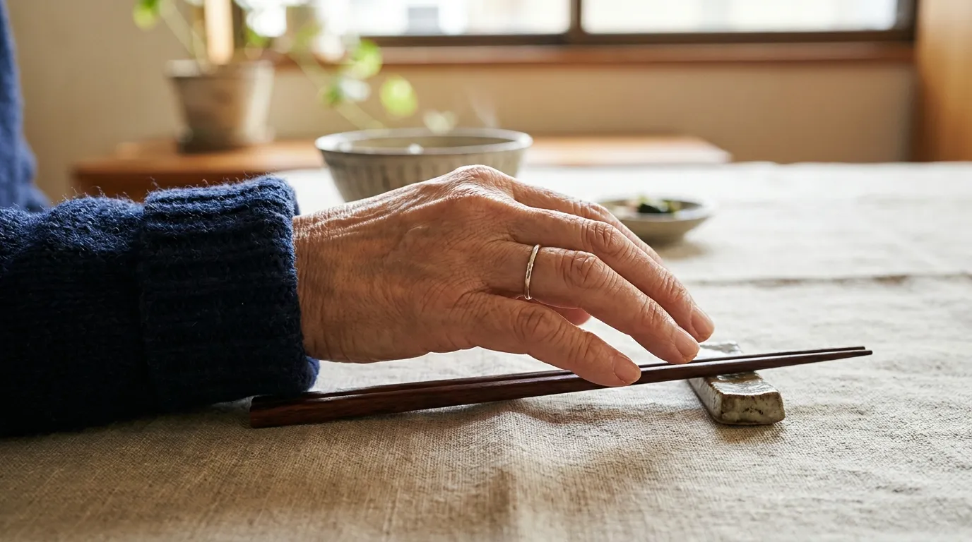 暖かな朝の光が差し込む食卓で、箸置きに置かれた箸の上を、箸を持とうとする直前で静かに浮かせるシニアの手元