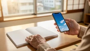 明るいリビングの木製テーブルの上で、白紙のノートの横に置かれたスマートフォンの画面に映る青空の写真を見つめるシニアの手元