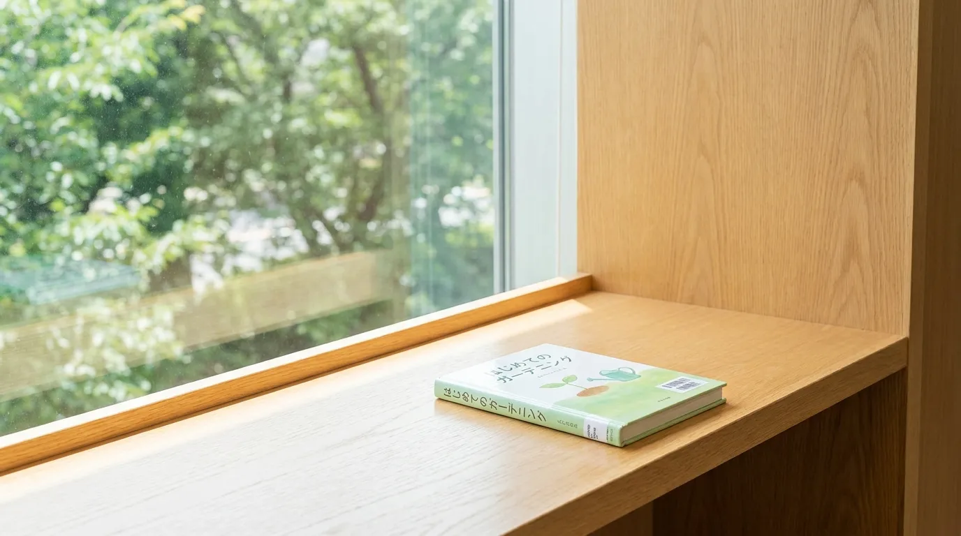 明るい図書館の窓辺の木製デスクに置かれた、1冊の閉じられた初心者向けの本