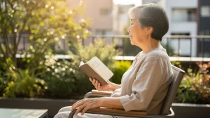 緑豊かな木漏れ日の中で、手帳を手にふっと穏やかな横顔で何かを語りかけるシニアの姿