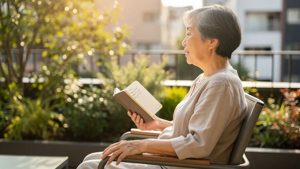 緑豊かな木漏れ日の中で、手帳を手にふっと穏やかな横顔で何かを語りかけるシニアの姿
