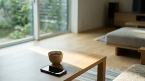 爽やかな光が差し込む明るいリビングのテーブルの上で、温かいお茶の湯呑みと、その傍らに静かに置かれたスマートフォン。