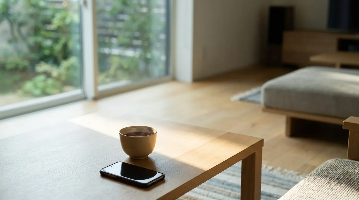 爽やかな光が差し込む明るいリビングのテーブルの上で、温かいお茶の湯呑みと、その傍らに静かに置かれたスマートフォン。