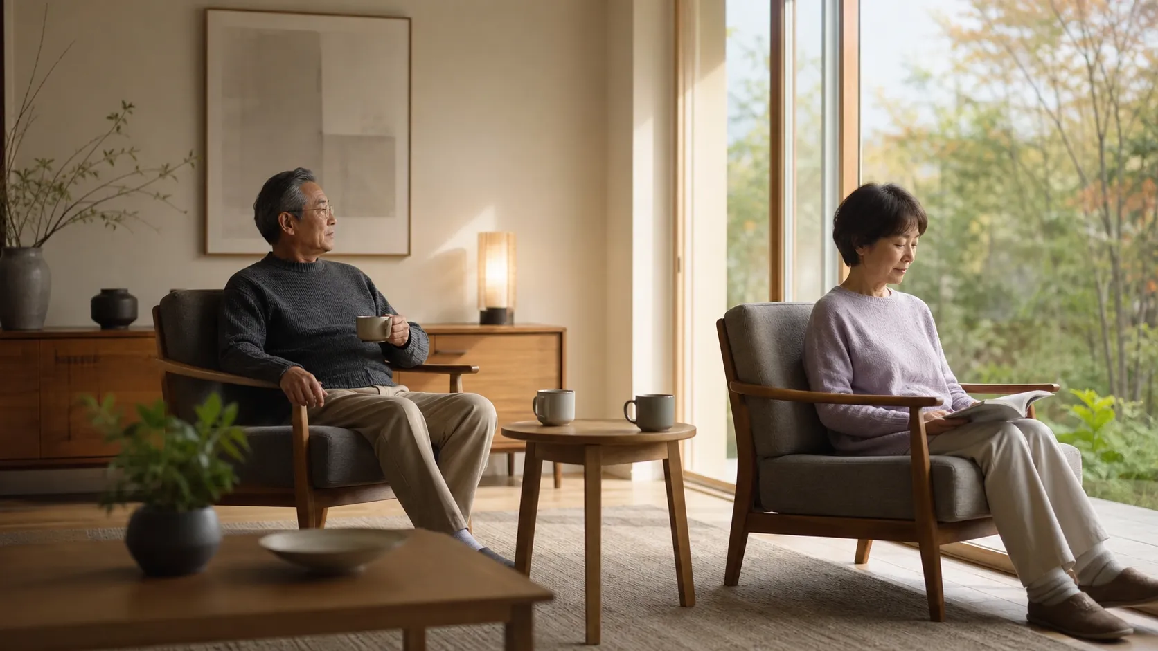 少し違う方向を向いて配置された二つの椅子と、その間にある小さなテーブル
