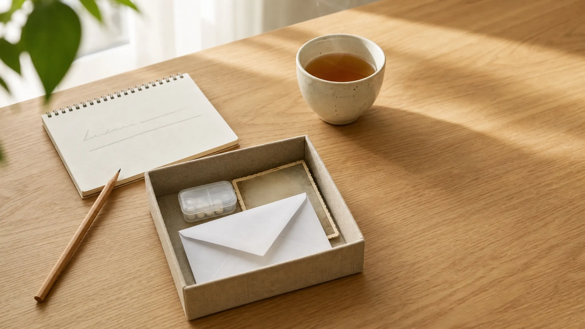 午前の光が差し込む木目の机に、一行だけ書かれたメモと途中で止まった鉛筆、小さなリネン箱が静かに置かれている。