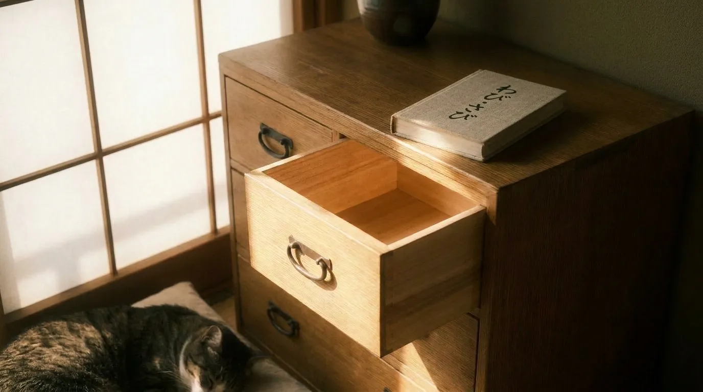 朝の光が差し込む静かな部屋で、少しだけ開いた木製チェストの引き出しと、その上に置かれた1冊の本