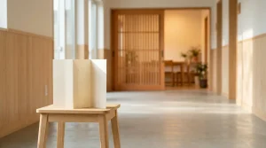 明るい地域センターの廊下で、丸椅子の上に置かれたパンフレットと、奥に少しだけ開いた温かみのある木製の扉。