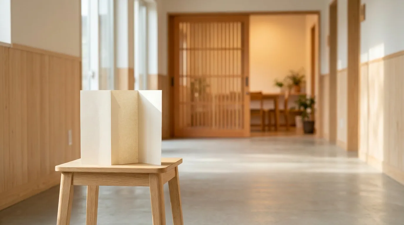 明るい地域センターの廊下で、丸椅子の上に置かれたパンフレットと、奥に少しだけ開いた温かみのある木製の扉。