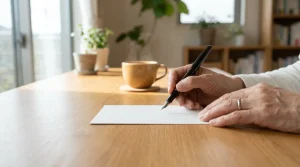 陽の光が差し込む机の上で、白い無地のはがきを前にペンをそっと持ち、書き出す直前の静かな手元の風景。