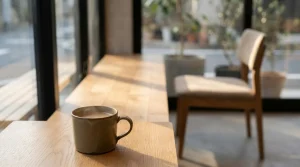 暖かな光が差し込むカフェの窓際で、テーブルの上のマグカップと、少し離れた場所に置かれた誰も座っていない空席。