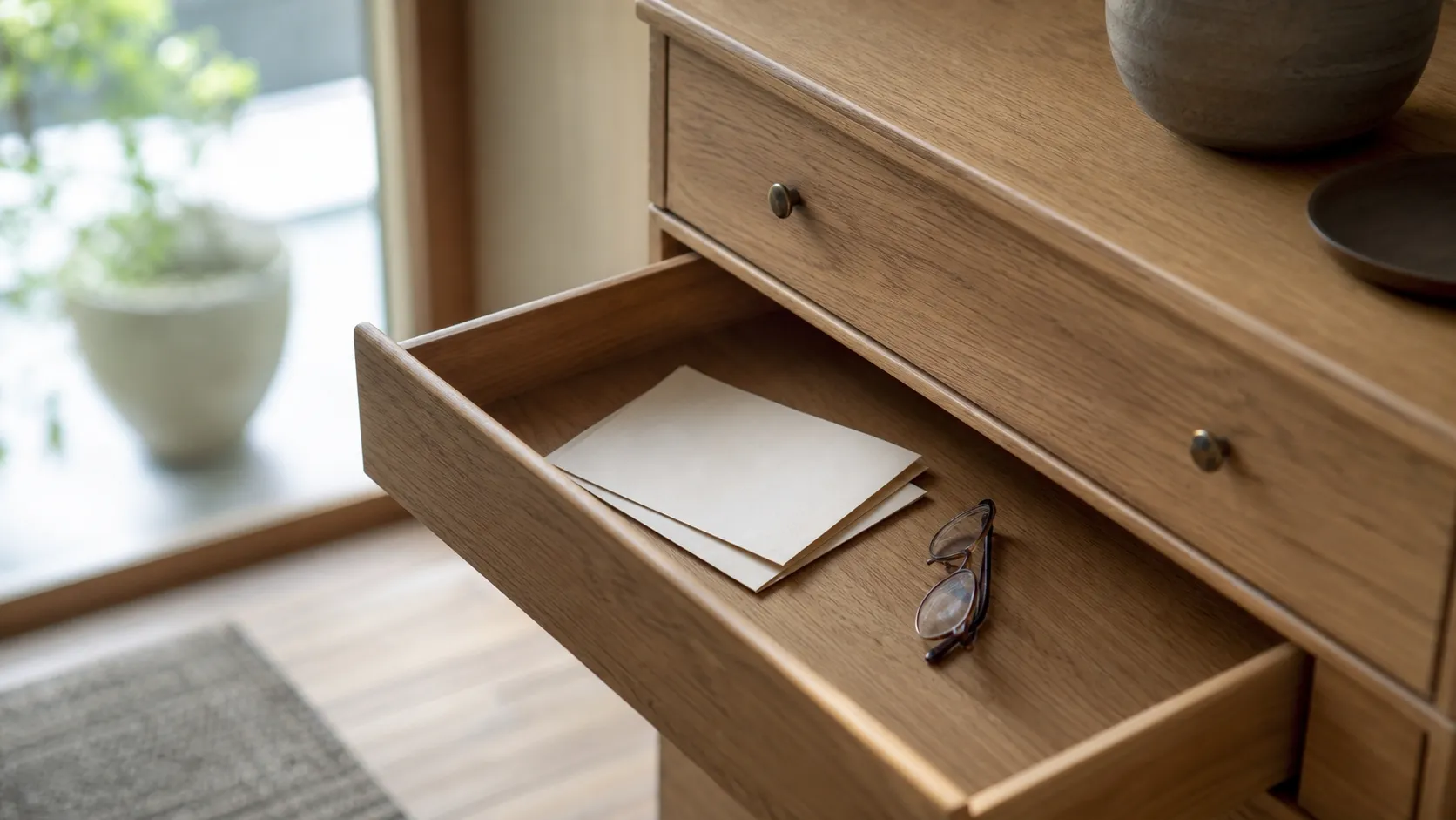少しだけ開いた引き出しの中に、きれいに重ねられた封筒と眼鏡が置かれている様子