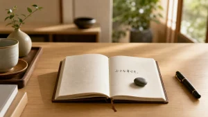 デスクのノートの上に置かれた一言と、川石。
