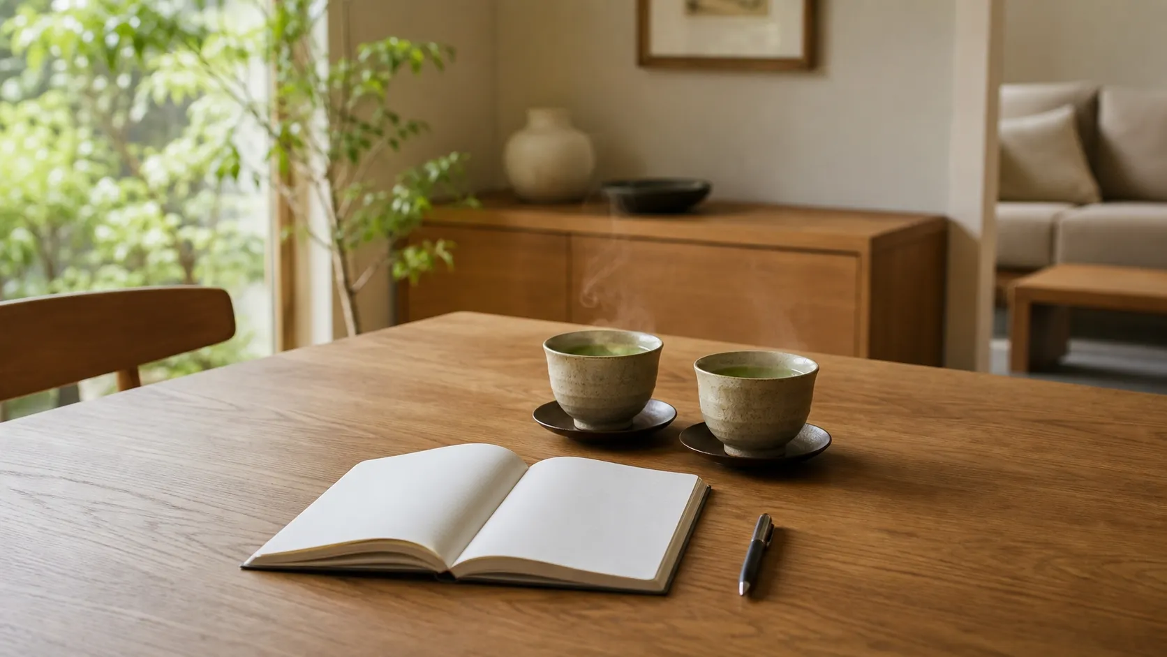 明るい木目のテーブルの上に置かれた、書きかけの白いノートと、温かいお茶が入った2つのカップ