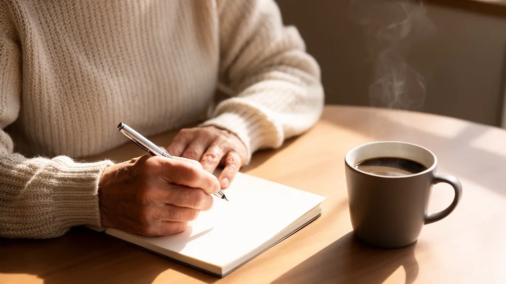昼下がりのカフェ風のテーブルで、コーヒーの横に置かれた手帳にペンで何かを書こうとしているシニアの手元