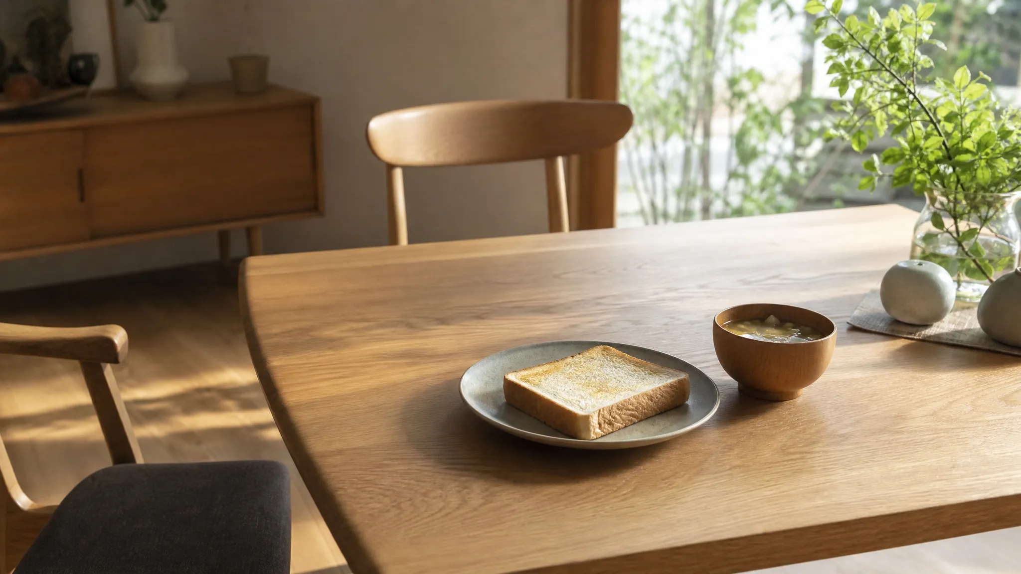 朝の光が差し込むテーブルに置かれた一人分のシンプルな食事
