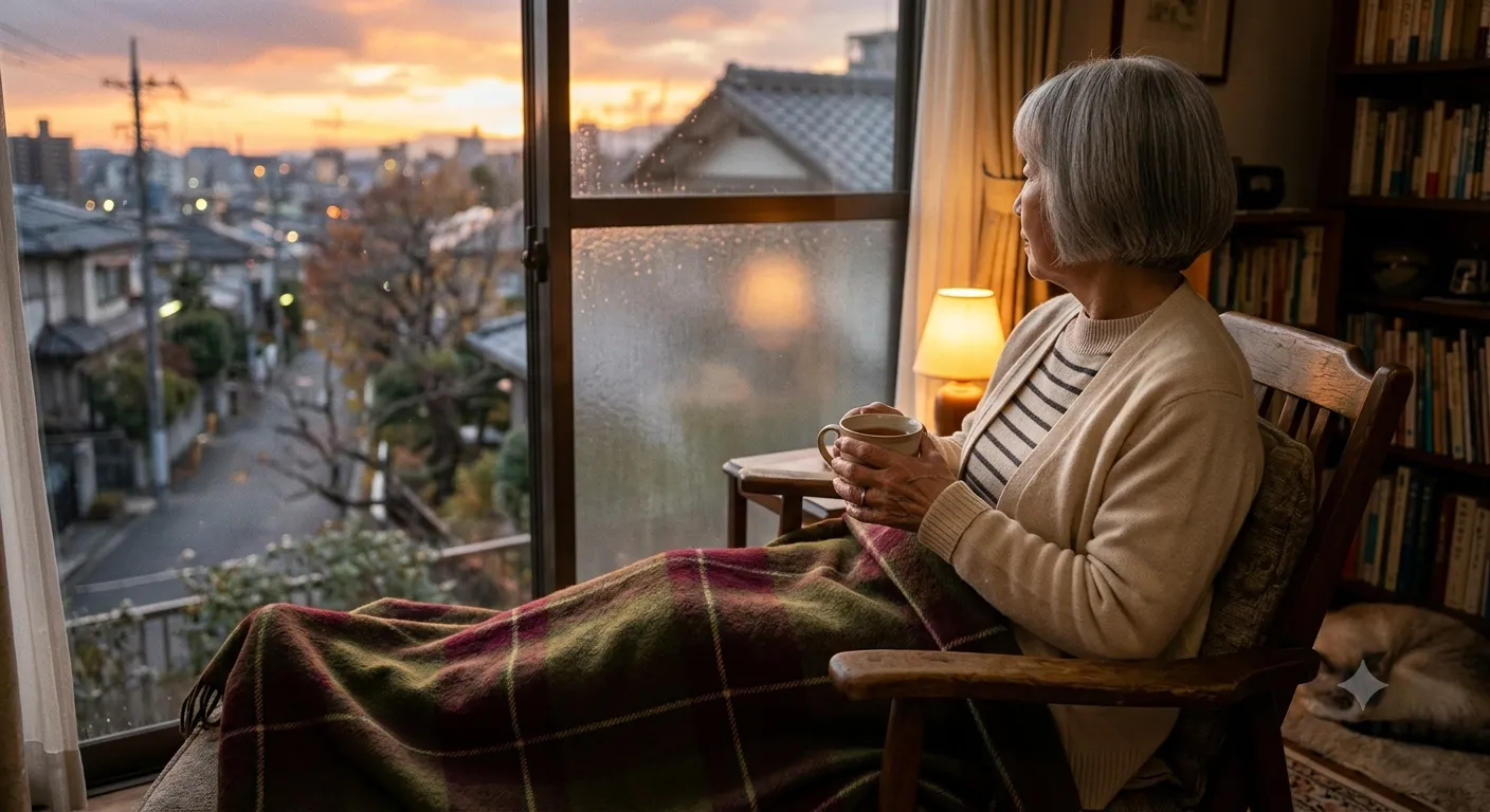 夕暮れ時の柔らかな光が差し込む窓辺で、椅子に座りウールブランケットを膝にかけるシニアの斜め後ろ姿